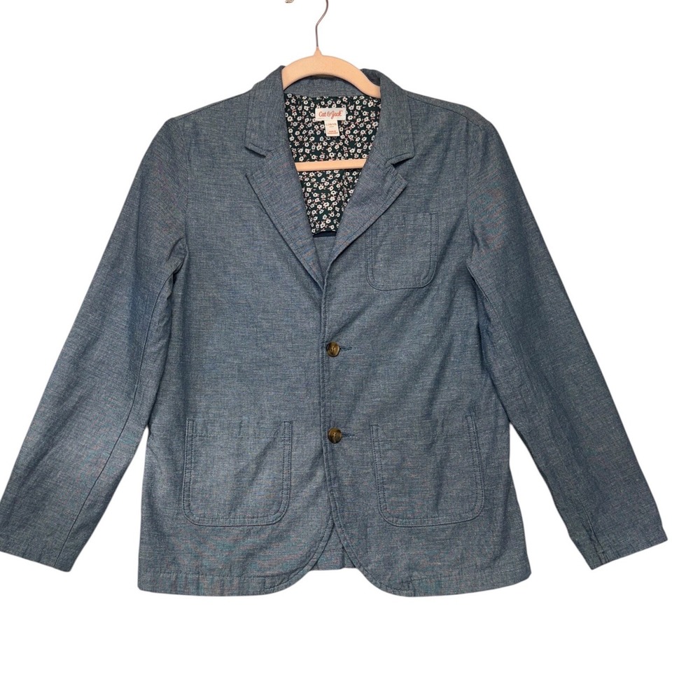 Blue Linen Blazer Jacket Kids Size L 10/12 Floral Lining Notch